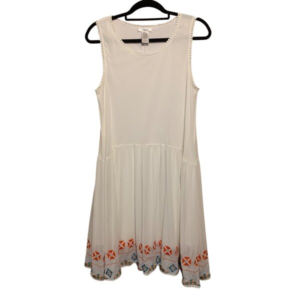 Esley White Sleeveless Dress Embroidered Hem Pom-Pom Trim Sz L Fairy Cottagecore - Picture 2 of 11